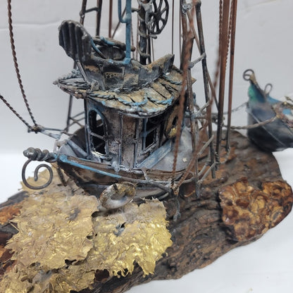 Large VINTAGE Copper bronzed ship brig dingy mounted on varnished 15" x 17" wood