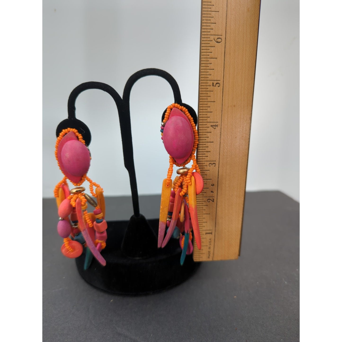 Whimsigoth Neon Orange Wood Beaded Multi-Strand ClipOn Earrings 80s Neon Grunge