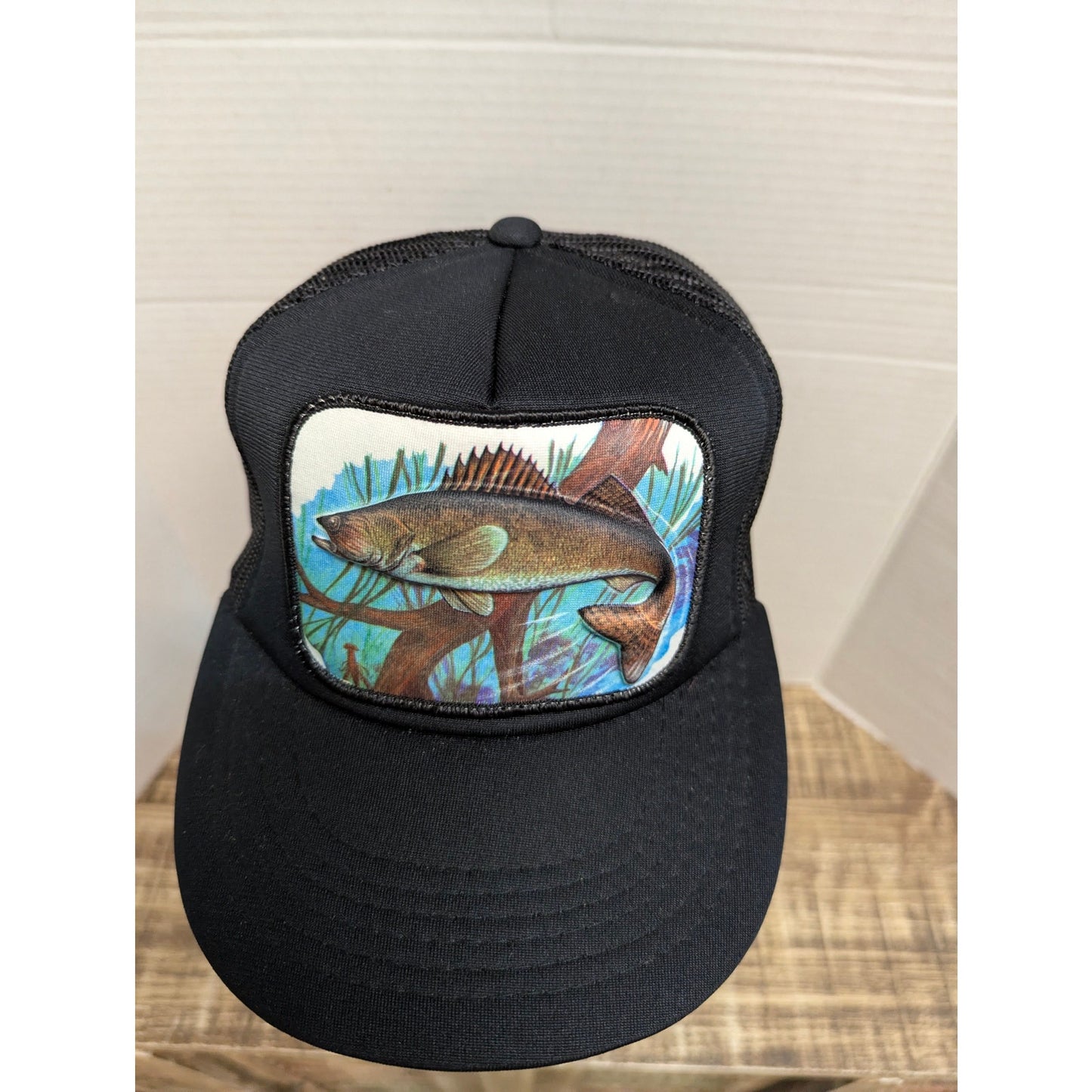Vintage Bass Fish Graphic Black Trucker Snapback Baseball Cap Hat Y2K
