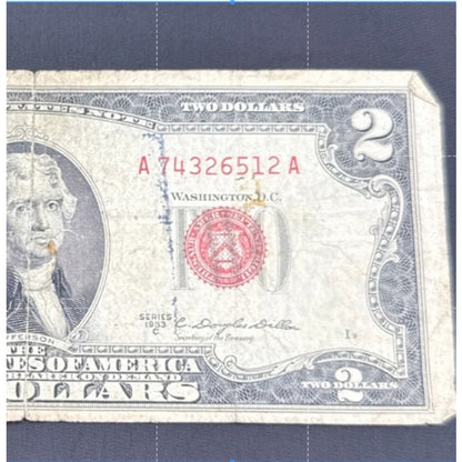 Paper Currency Bank Note USA Paper Money $2  Series 1953 C red seal