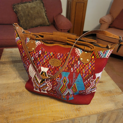 Soul Shine Huipil weekender Leather Embroidery Large Tote Purse Guatamala