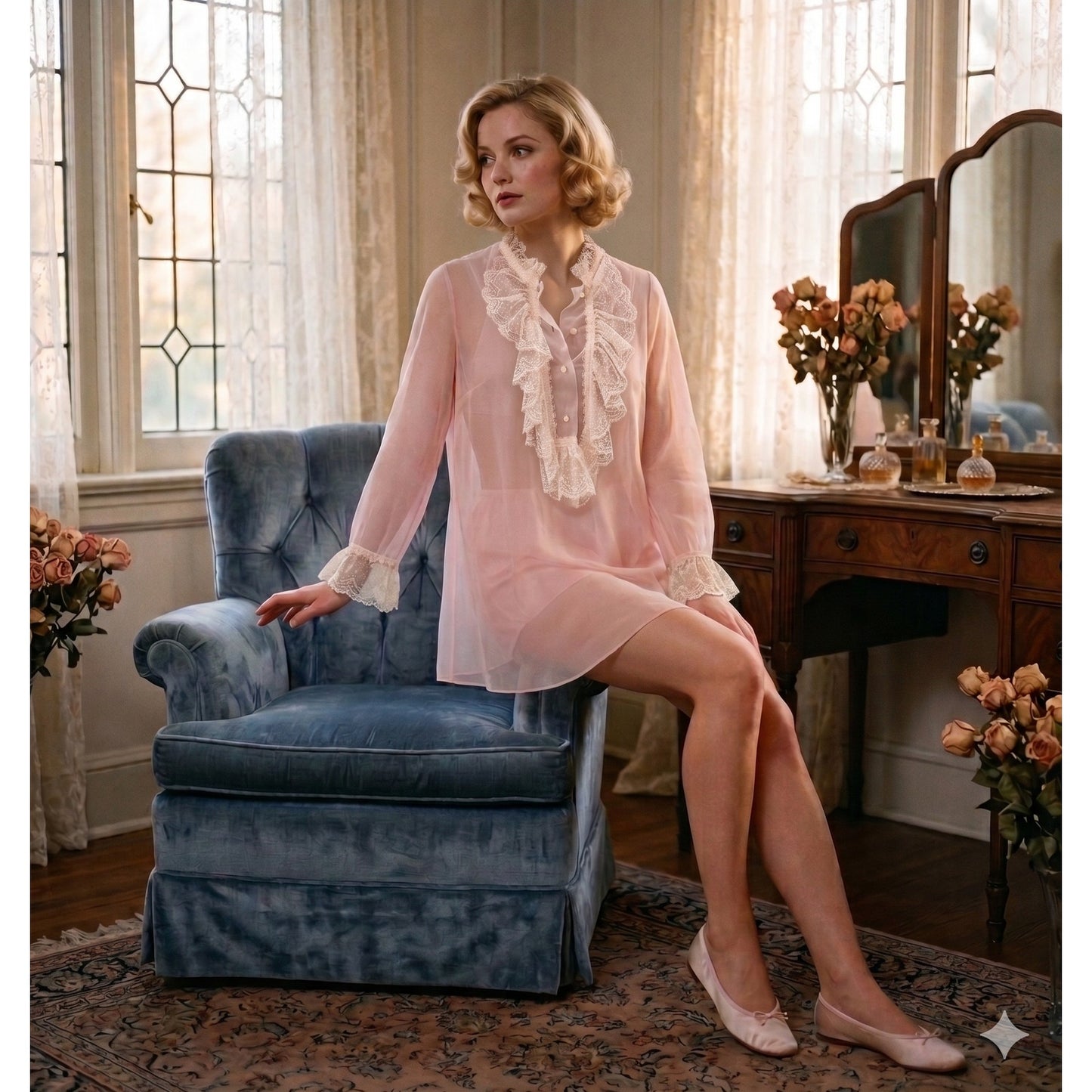 Vintage Pink Sheer Chiffon Ruffle Lace Nightgown Robe Romantic Loungewear