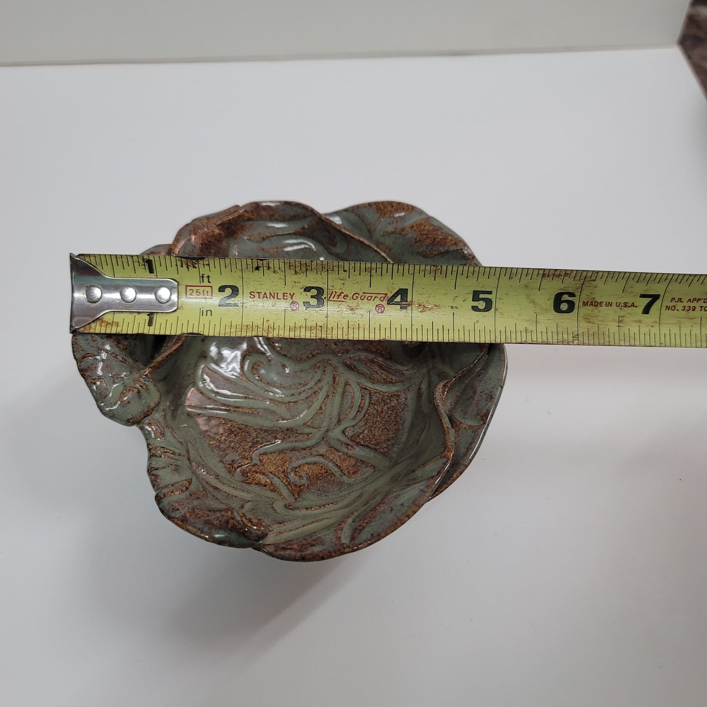 Handmade Art pottery free-form dish signed Nancy clay Red gray bowl flower 5"