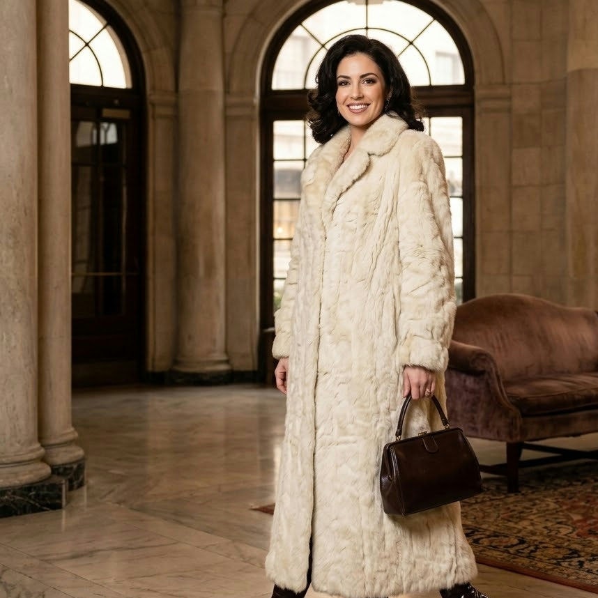 Vintage Winter White Genuine Fur Full-Length Maxi Coat Satin Lined Glamour