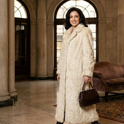 Vintage Winter White Genuine Fur Full-Length Maxi Coat Satin Lined Glamour