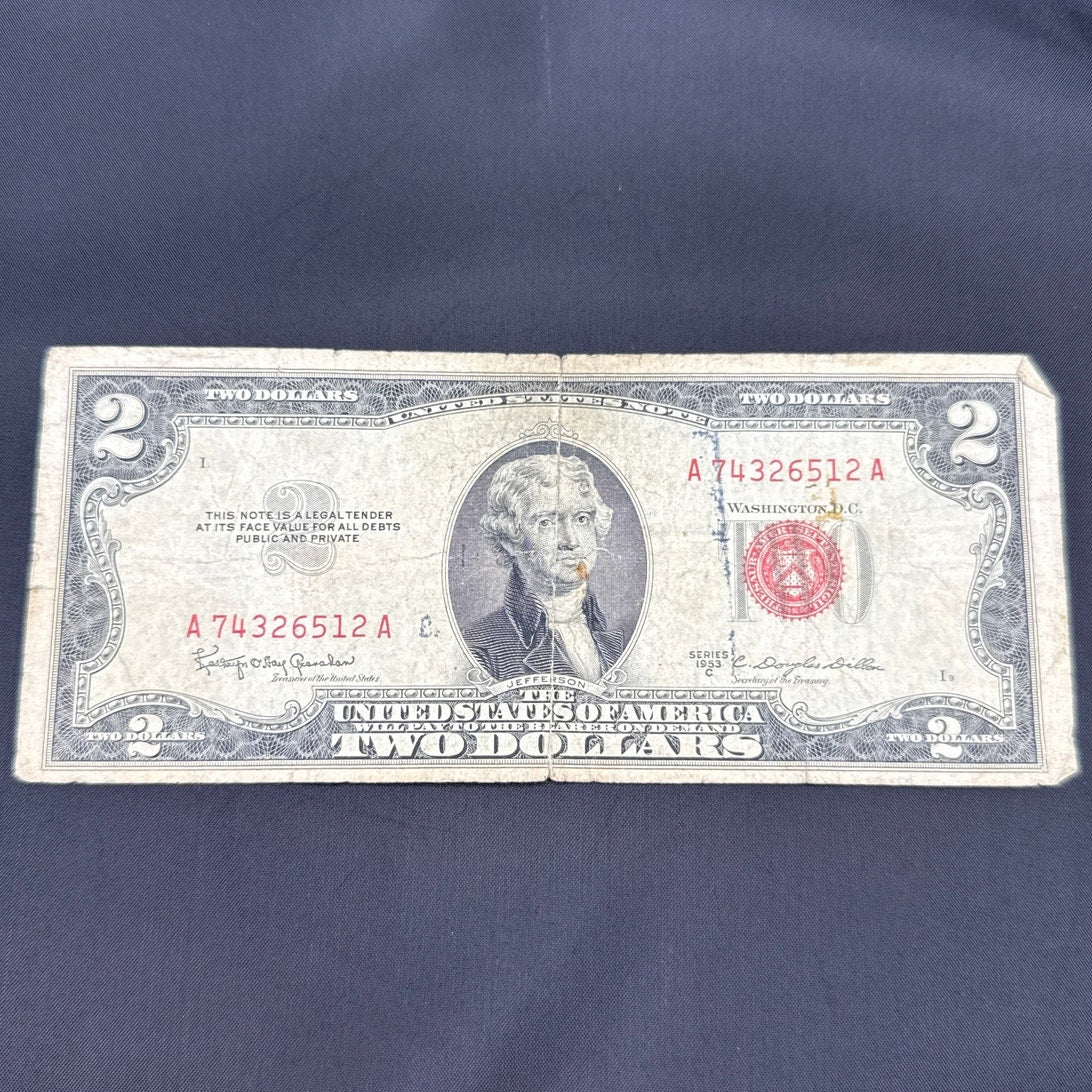 Paper Currency Bank Note USA Paper Money $2  Series 1953 C red seal