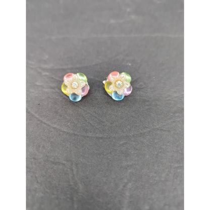 Vintage Pastel Iridescent Lucite Flower ClipOn Earrings Retro Mid Century Modern