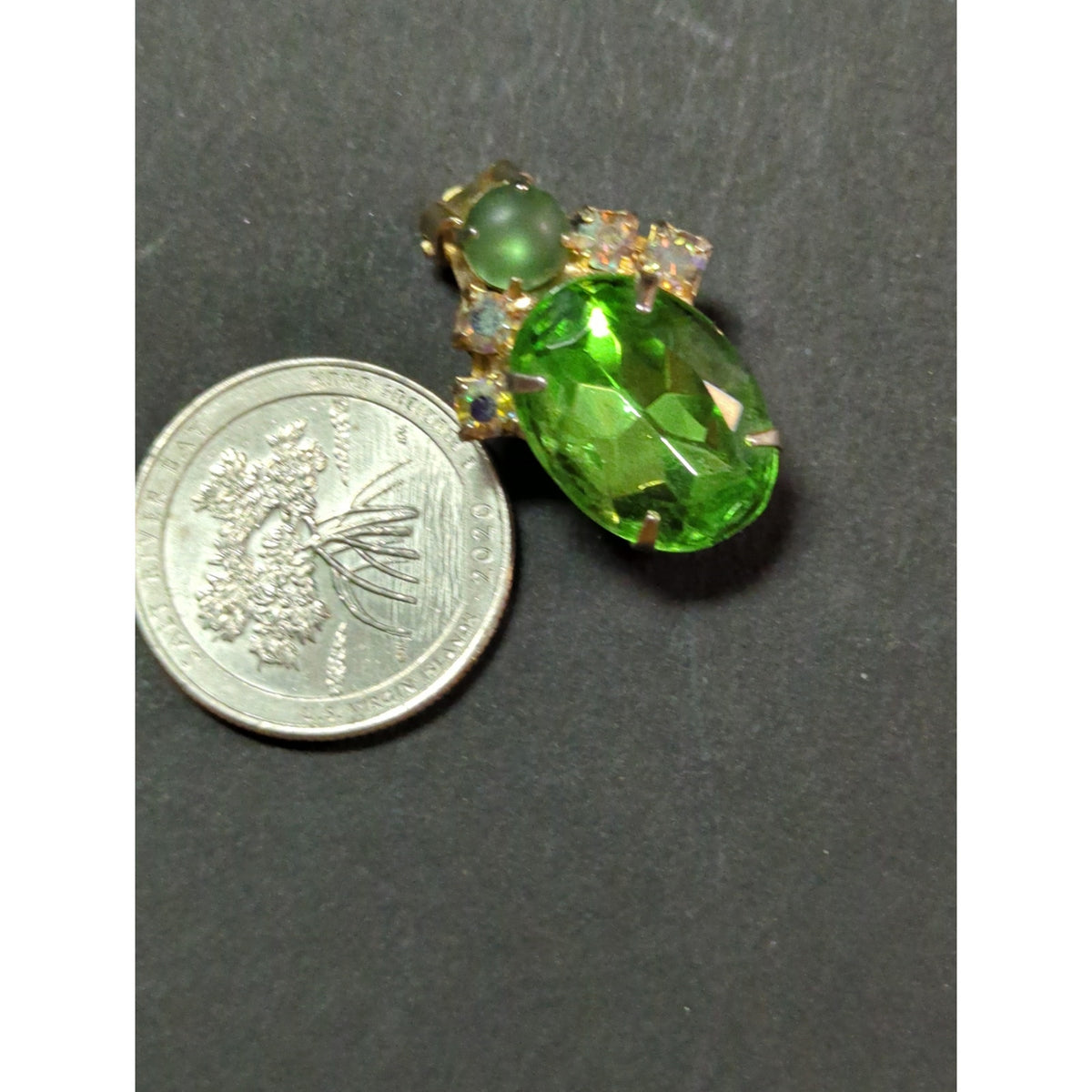 Vintage GARNE Green Crystal Clip-On Earrings Emerald Amber Gold Mid-Century Glam