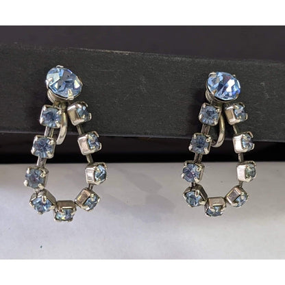 Vintage Blue Rhinestone Silvertone Loop Dangle Screw back Earrings Subtle