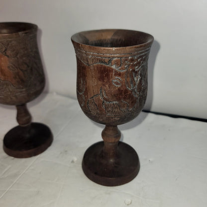 Vintage African Hand Carved Wood Goblets Hippo Rhino Giraffe Pair Tribal MCM