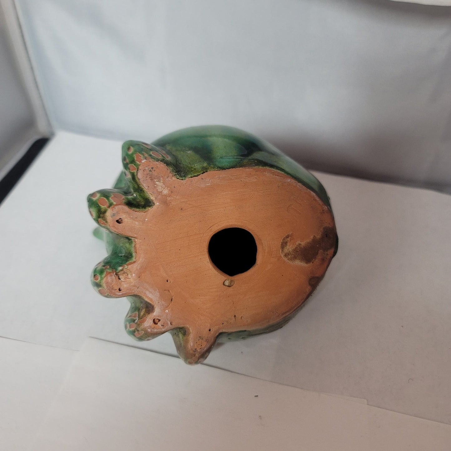 Hen and chicks Handmade pottery green clay incised design 7" x 5" Art Pottery