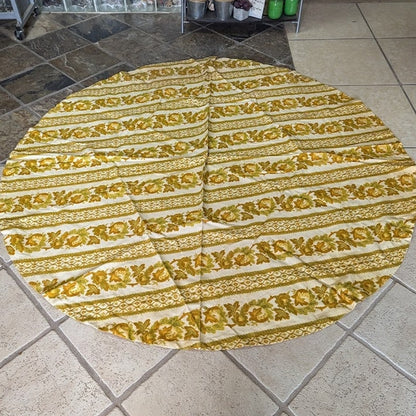 Vintage 1960s round tablecloth 69" Heavy floral brocade gold tones with stripes