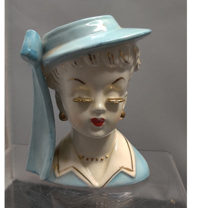 Vintage Irice Japan Lady Headvase Blue Hat Mid Century Kitsch Retro Collectible!