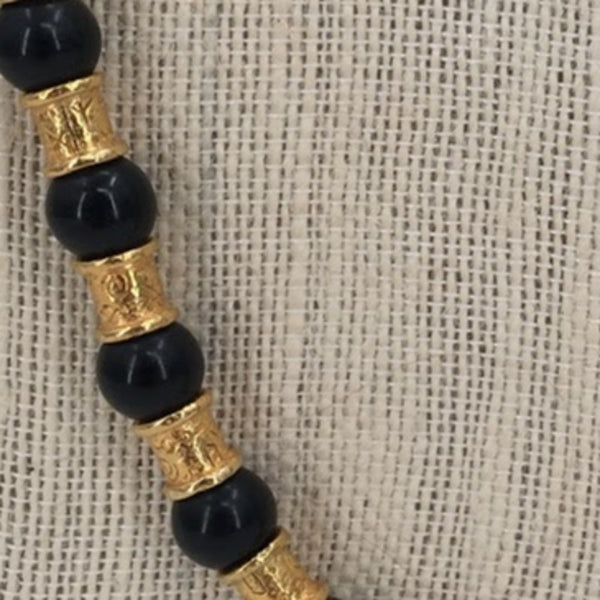 Vintage Rope Necklace MARKED LEI Gold hieroglyph style Slides w/ Black Beads