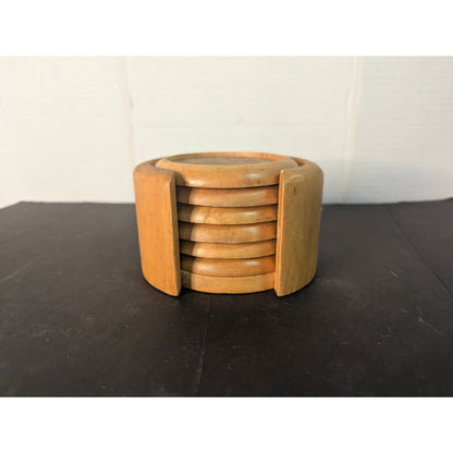 Vintage Mid Century Modern Wooden Drink Coasters Set of 6 with Holder