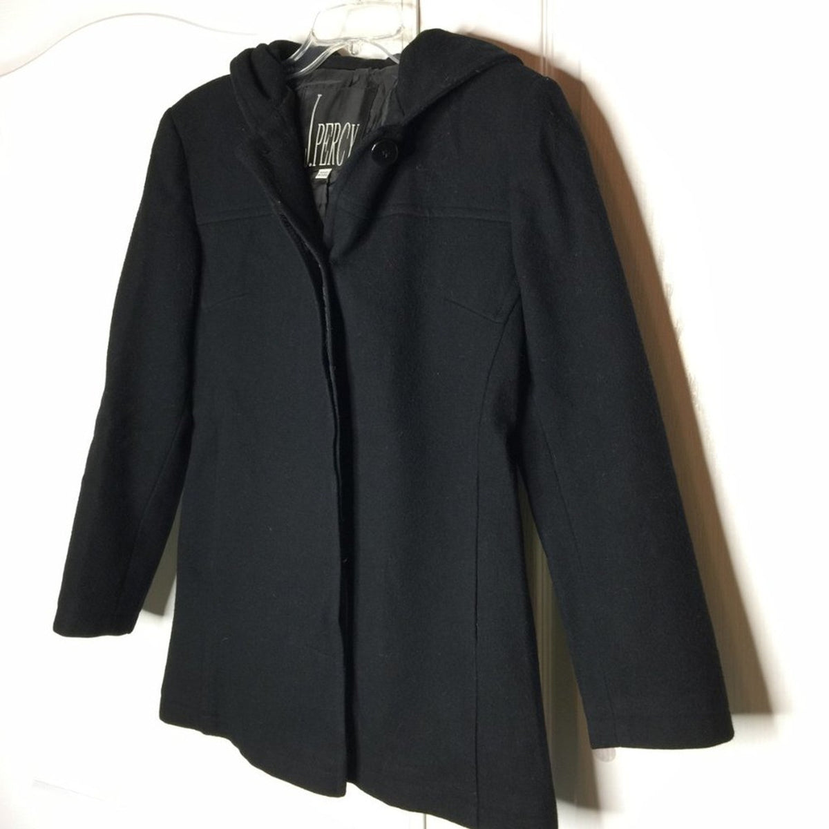 J. Percy Coat VINTAGE Wool Hooded Button Down Jacket Long Sleeve Black Small