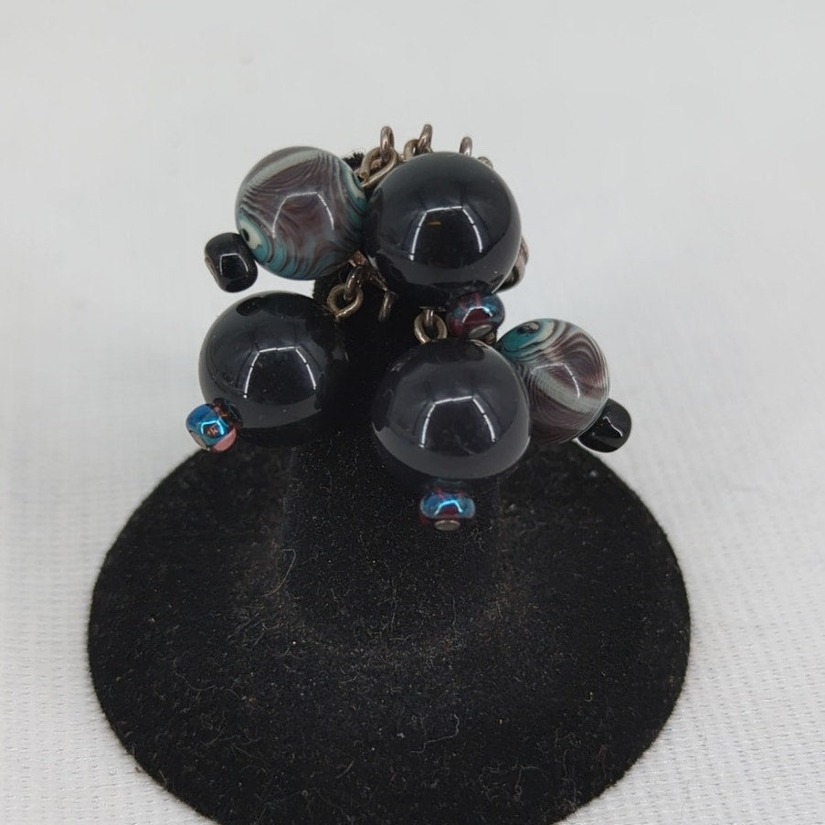 Size 6 Adjustable Bead Custer Black & Blue Beaded Cluster Statement Ring