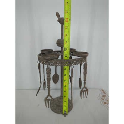 Antique Cast Metal Bird Revolving Candelabra & Cutlery Server Heirloom