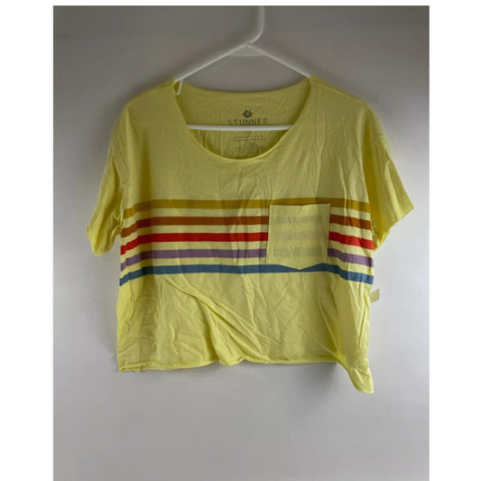Stunner California T-Shirt PRIDE Size L Yellow Striped Cropped Raw Edges NWT