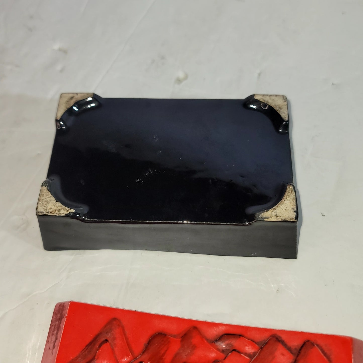 Japanese Inspired Red Black Ceramic Trinket Box Two Piece Landscape 2pc.