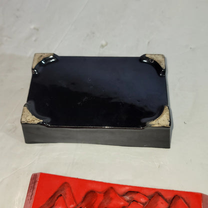 Japanese Inspired Red Black Ceramic Trinket Box Two Piece Landscape 2pc.