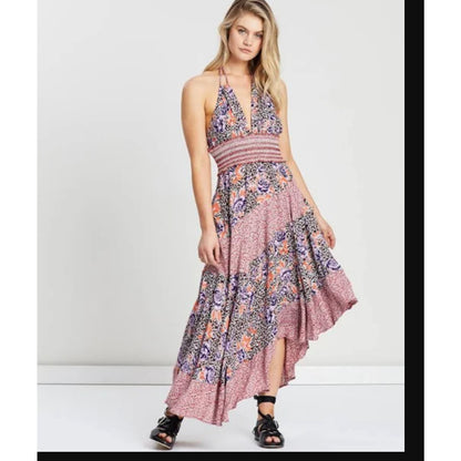 Free People Gabriela Patchwork Halter Slip Dress Maxi SMALL NEW Summer Floral
