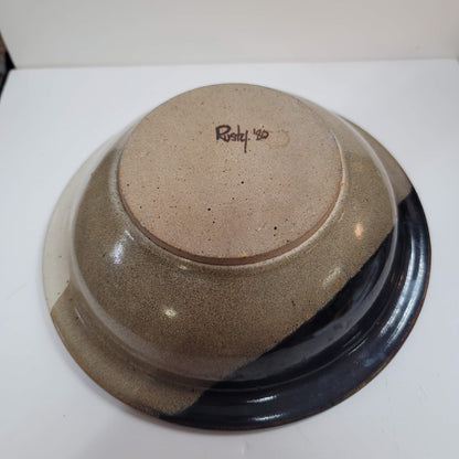 Handmade 1980s art pottery earthtone Signed Rusty 80 bowl 8.5" Brown Cream Tan