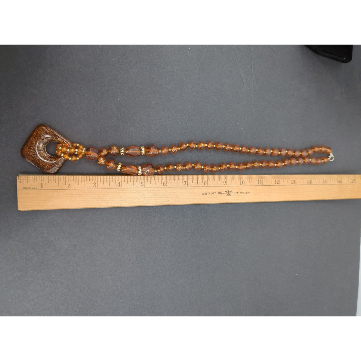 Vintage Amber Resin Diamond Pendant Necklace with Gold-Flecked Detail