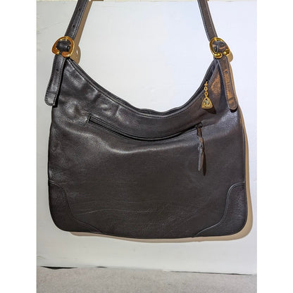 Brio! Vintage 80s Black Pebble Leather Crescent Hobo Shoulder Bag Gold Charm