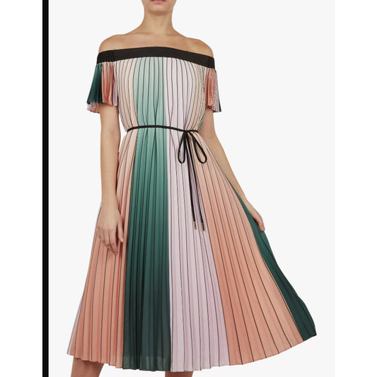 Ted Baker Off Shoulders Belt Fernee Colorblock Pleated Dress Size 1 UK 8 US NEW