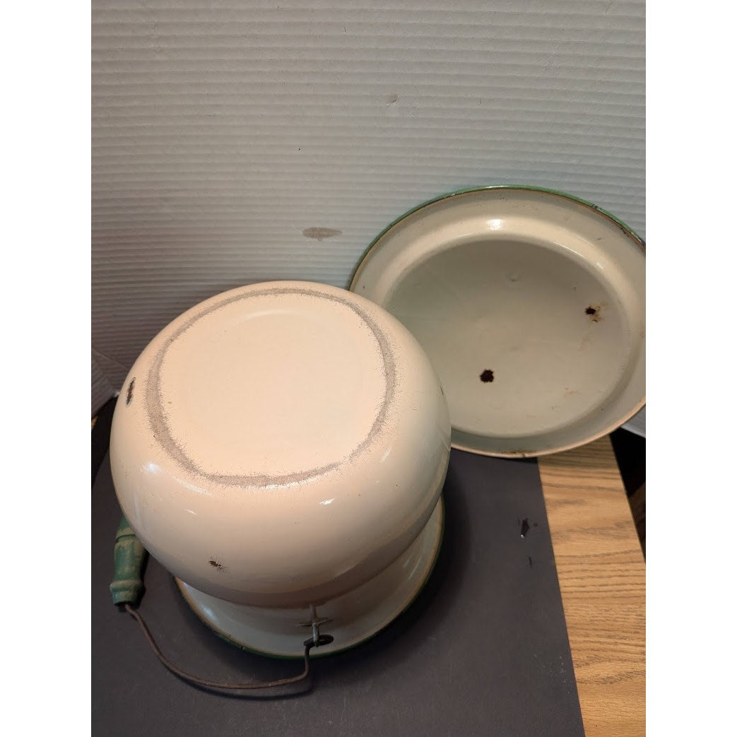 Vintage 1940's Cream Green Enamelware Pail Chamber Pot Slop Jar Wood Handle