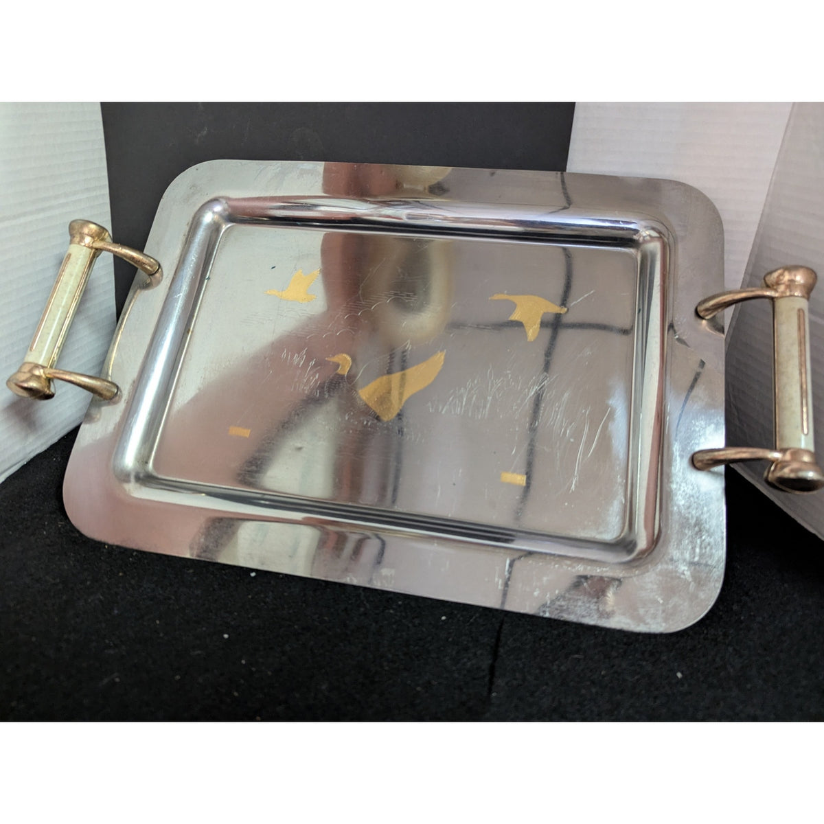Vintage double handle platter Ducks on a pond serving tray stainless steel
