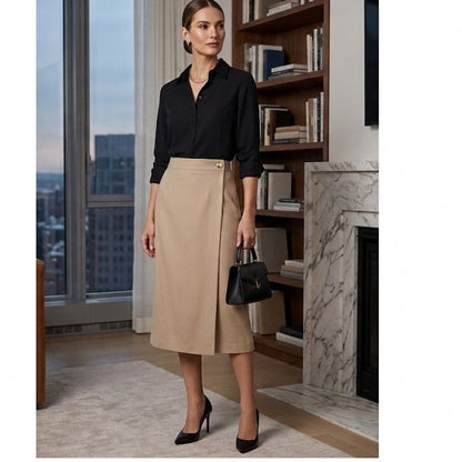 Vintage Beige Wool Blend Button Flap Midi Skirt Small Quiet Luxury 90s Vintage