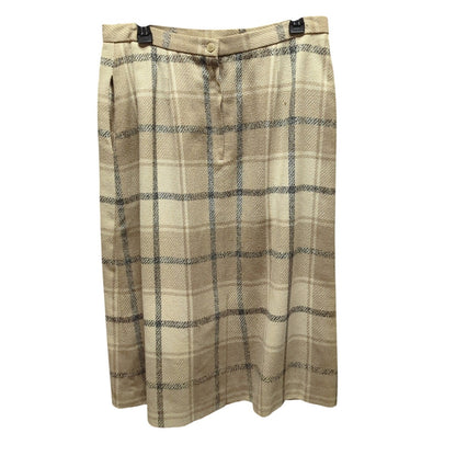 Vintage 70s Plaid Knee LengthSkirt Academia Beige Tartan Pleated Size Medium