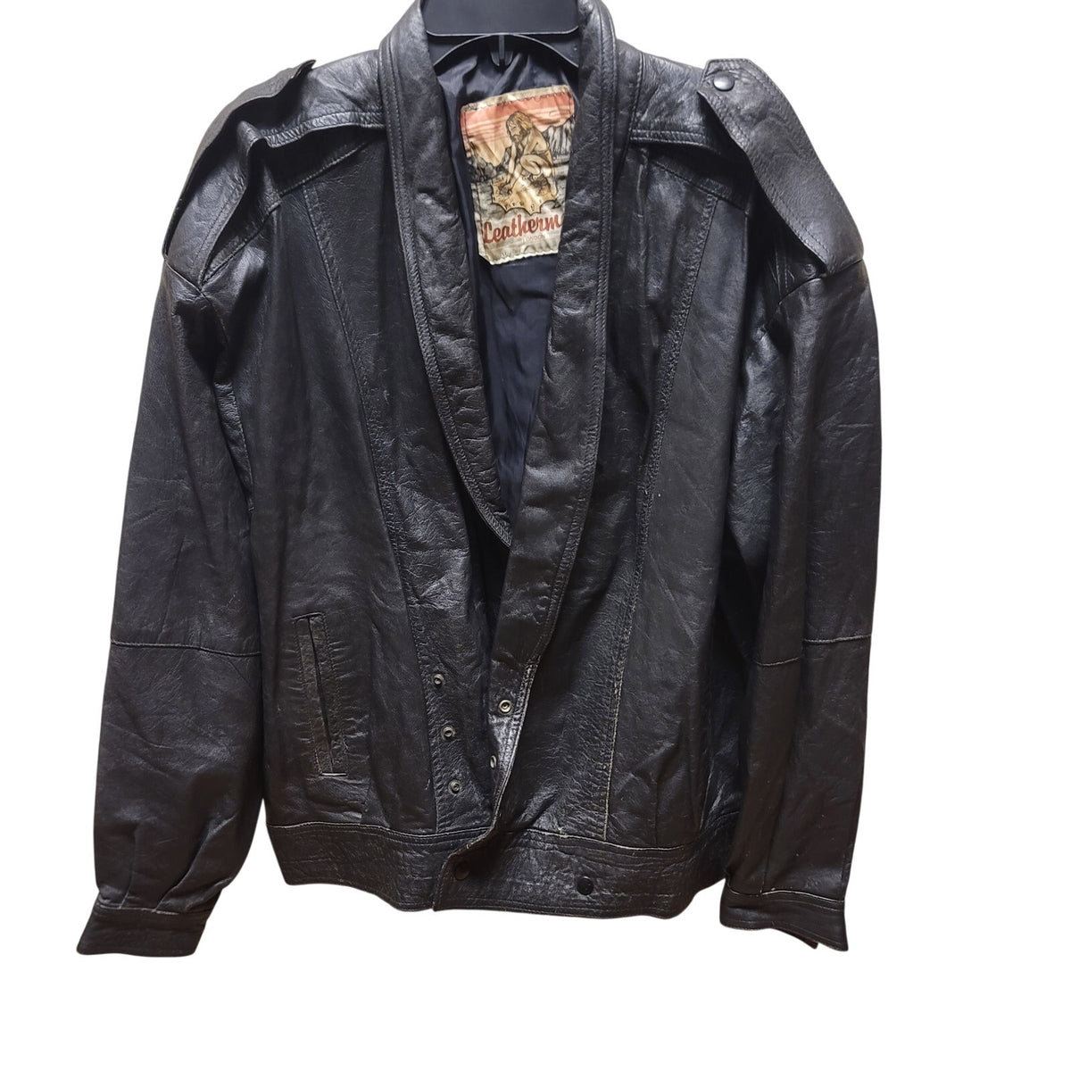 Leatherman Vintage 1980s Black leather Jacket Wing Sleeve Snaps Pockets