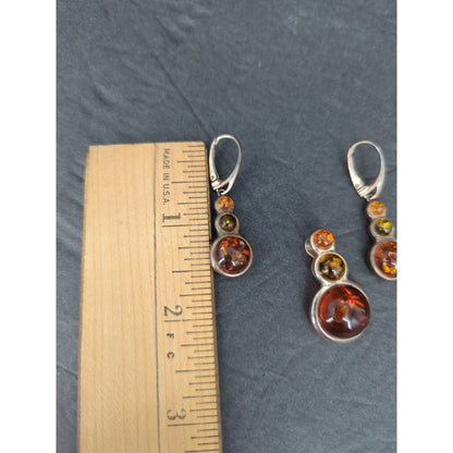 Vintage Boho Genuine Amber Silver Dangle Earrings & Pendant Set 925