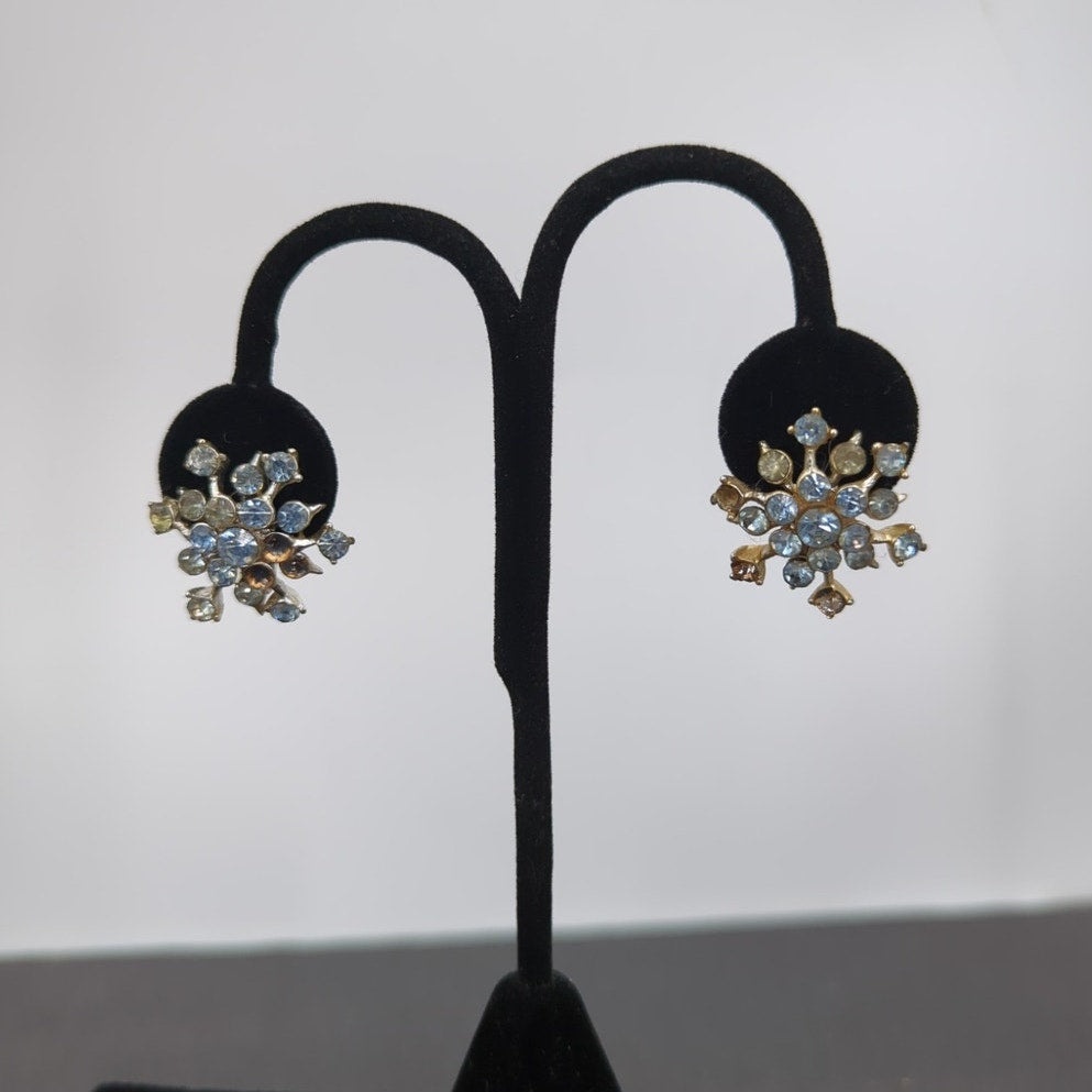 Whimsigoth Ice Blue Rhinestone Snowflake ScrewBack Earrings Coquette Aesthetic