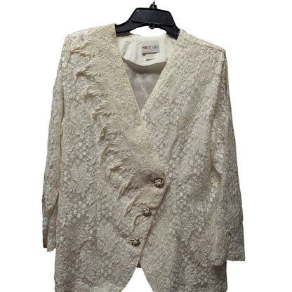Vintage Mode Sara California Lace Skirt Suit Set Cream White Fringe Rayon Medium