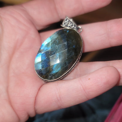 Large Blue Flash Labradorite Pendant 925 Sterling Silver Oval Statement 2.75"
