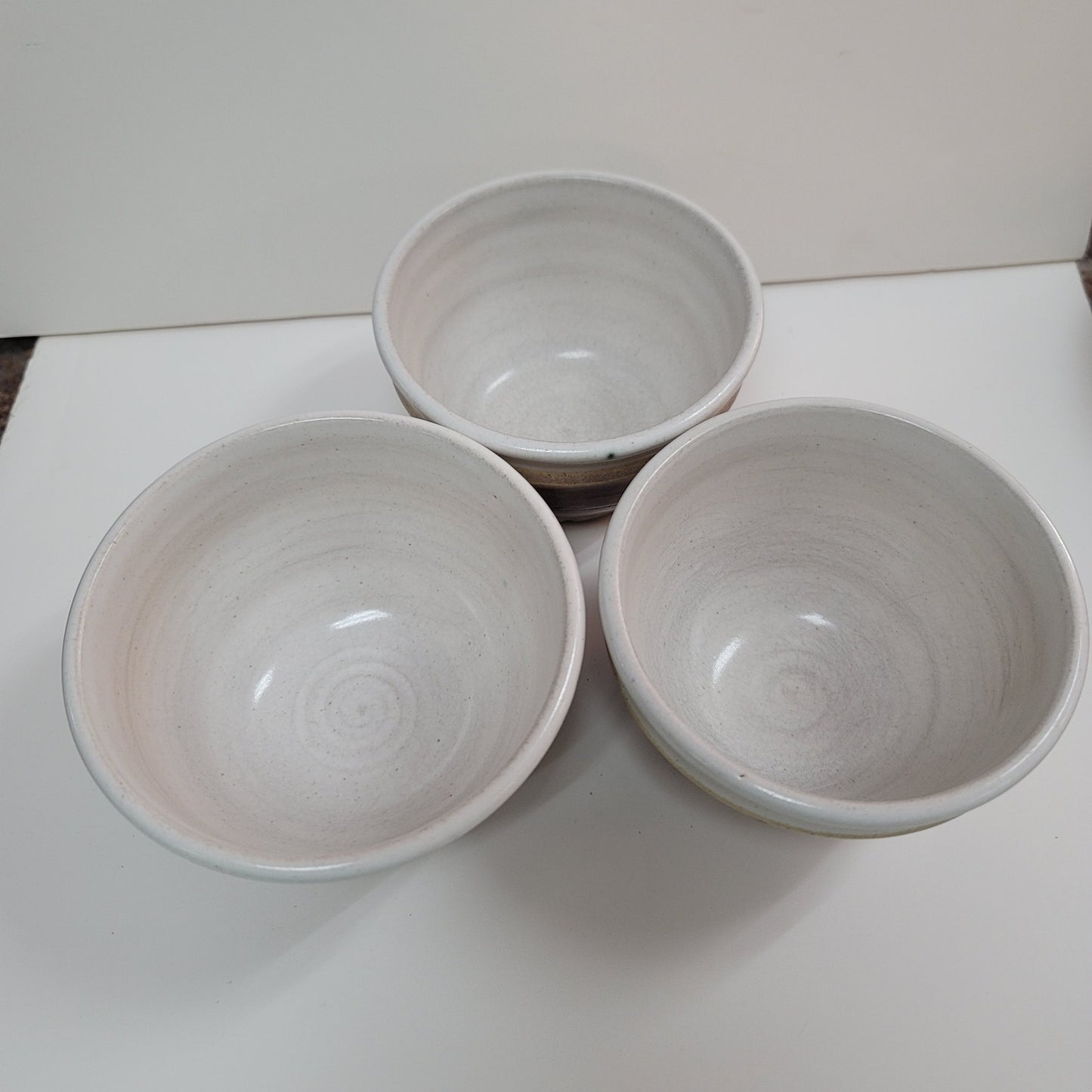 Lot of 3 handmade art pottery studio tea bowls Earthtones brown white sand Clay