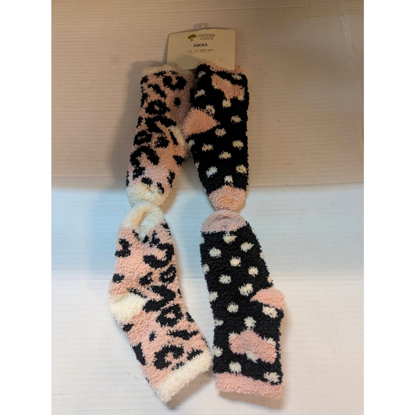 Tucker + Tate Girls Pink Black Leopard Fuzzy Cozy Socks 2-Pack Size S/M NWT