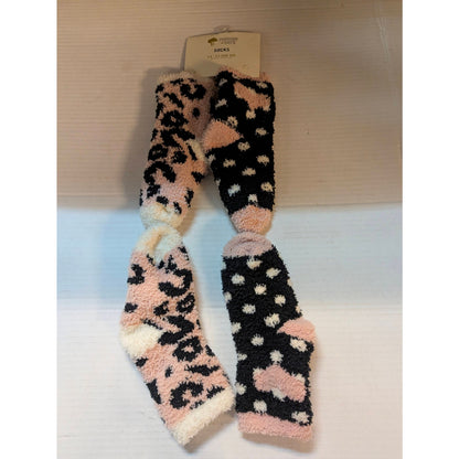 Tucker + Tate Girls Pink Black Leopard Fuzzy Cozy Socks 2-Pack Size S/M NWT