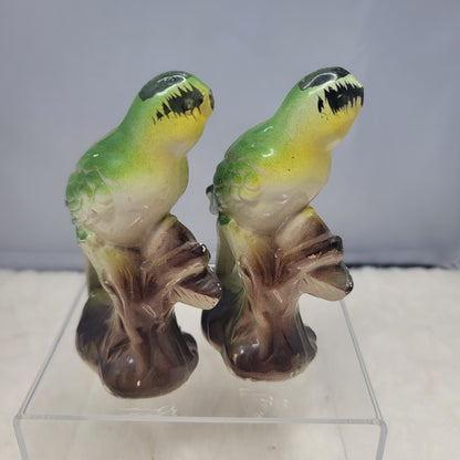 Vibrant Hand-Painted Japanese Ceramic Parakeet Duo 1960s Green Yellow Kitschy