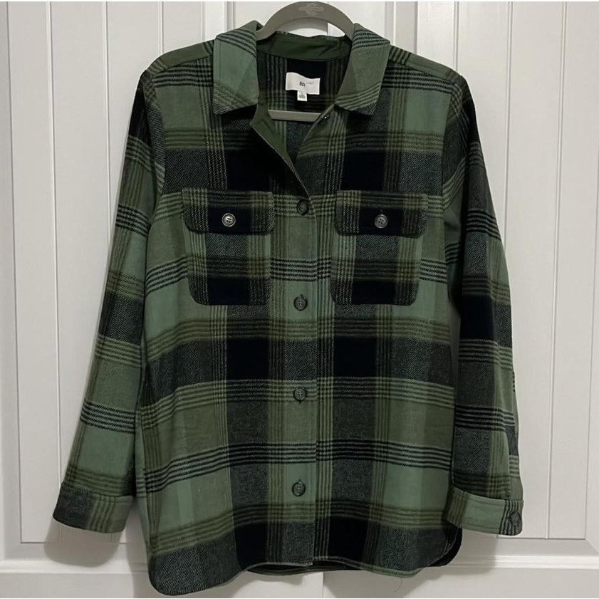 BP Women's oLIVE branch Green Shirt Jacket Plaid Check pockets button up Flannel
