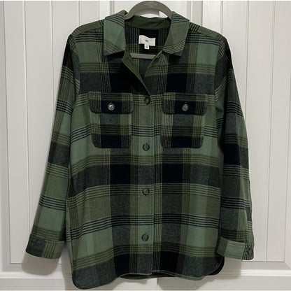BP Women's oLIVE branch Green Shirt Jacket Plaid Check pockets button up Flannel