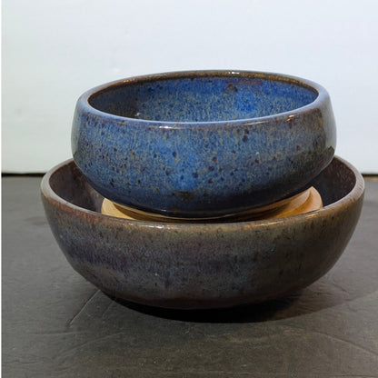 Studio Pottery Signed JAM Blue Speckled Glazed Bowls Set of 2