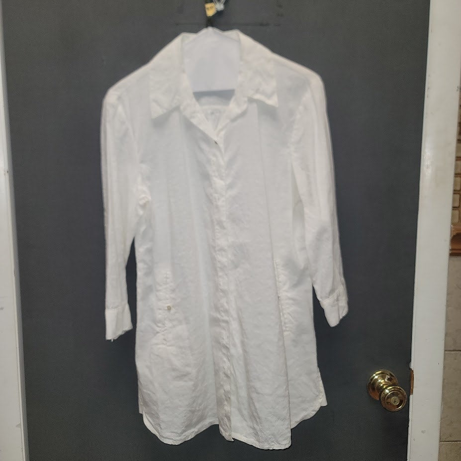 Eileen Fisher Small White Blouse Tunic Dress Button Up collar Linen 3/4 Sleeve