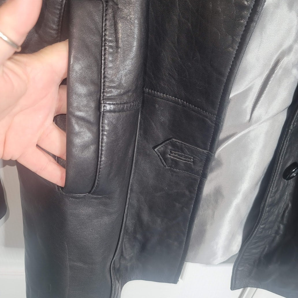 Vintage Gallery Black Leather Coat Jacket Large Lined Pockets SOFT button front