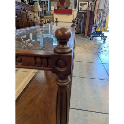 Secondhand Sandies: Long Traditional Wood & Glass Sofa Table with Turned Posts and Finials