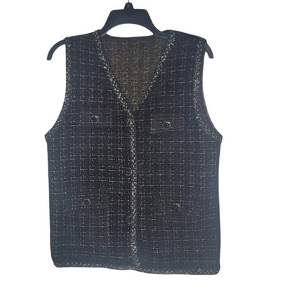 Round Neck Tweed Vest Sleeveless Jacket Pockets Black Gold Thread Black Buttons